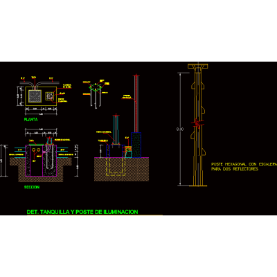 Details of tank and lighting pole - view and section