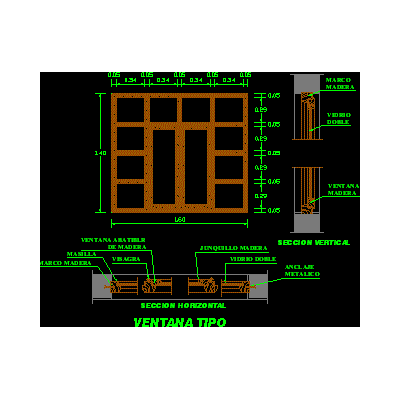 Plano de Detalles de una Ventana con Marco de Madera