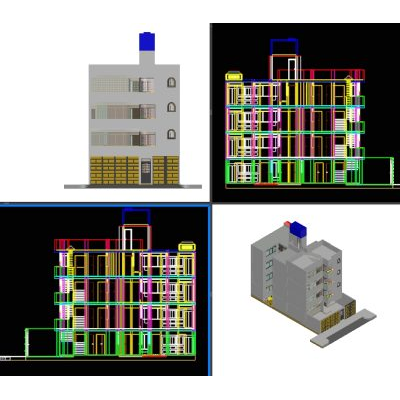Edificio 3d de 3 plantas con planta baja y terraza.