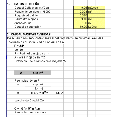 Calculo de bocatomas en exel