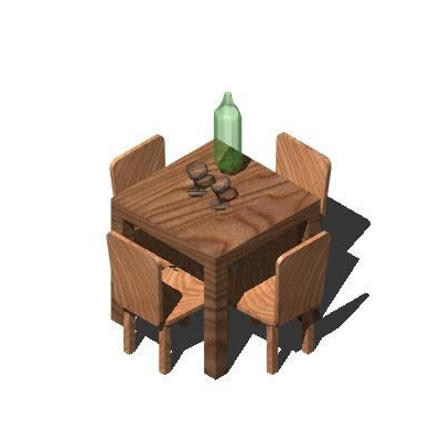 Table and chairs in the living room with a bottle and two glasses