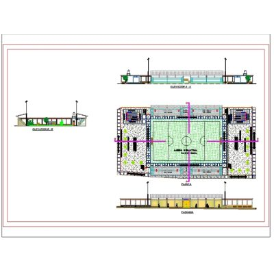 Plataforma deportiva con grass sintetico - autocad