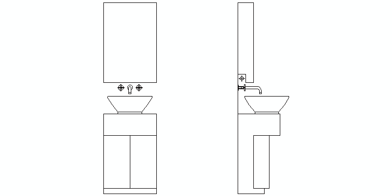 Unidade de lavatório de bancada com espelho e iluminação, vistas de elevação