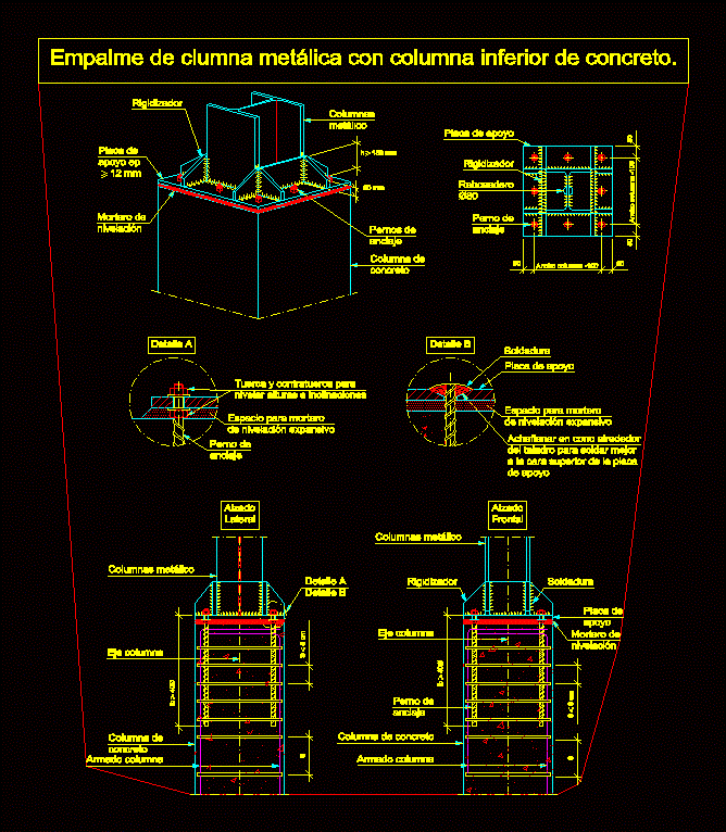 Detalhe da placa de união da coluna de concreto para aço